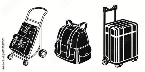 A collection of various types of luggage and bags for travel and storage Vector