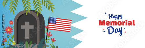 memorial day banner with single tombstone and flag on blue wave
