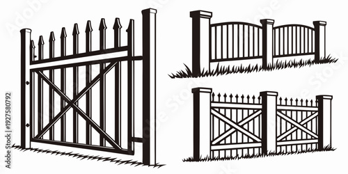 A detailed illustration of a wooden fence with a gate and a wall with a gate Vector