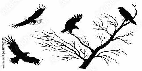 A group of birds perched on a tree branch against a white background Vector