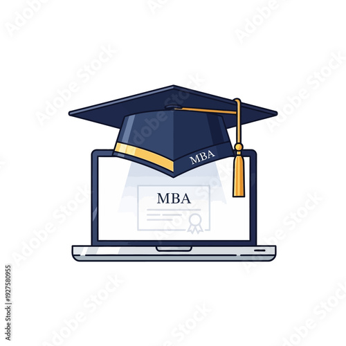 MBA graduation cap on laptop vector icon
