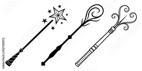 Three intricately designed wands with unique embellishments and patterns Vector