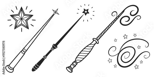 A collection of vintage magic wands and star wands with intricate designs and embellishments Vector