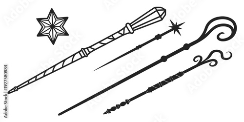 A collection of wands and a star from a fantasy setting Vector