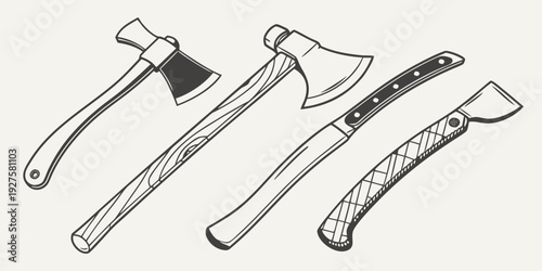 A collection of various axes and hatchets displayed in a row. Vector