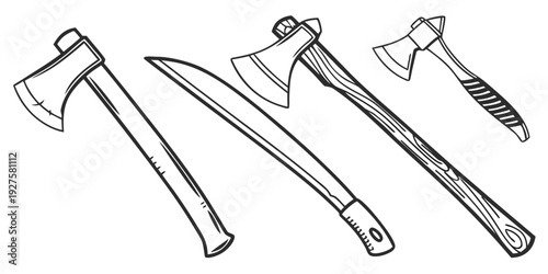 A collection of various axes and hatchets with different designs and purposes. Vector