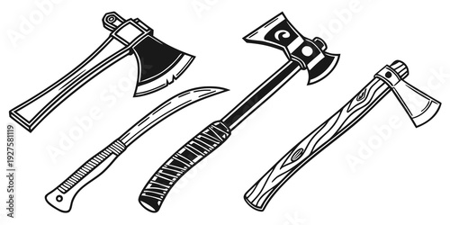 A collection of antique axes and hatchets displayed in a row Vector