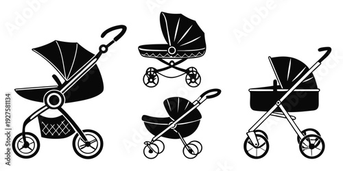 Four different types of baby strollers and carriages in a row Vector