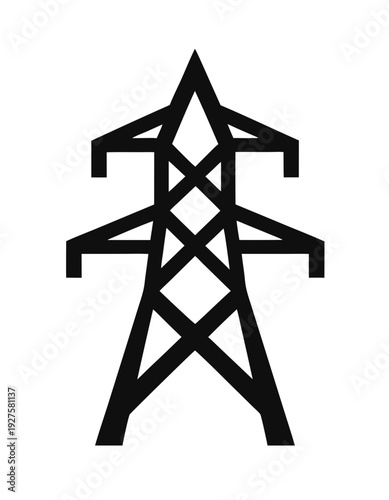 Electric Transmission Tower Icon Vector – Minimalist Black & White Pylon, Flat Geometric Lattice Design