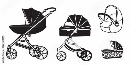 A collection of vintage and modern baby strollers and car seats in black and white Vector