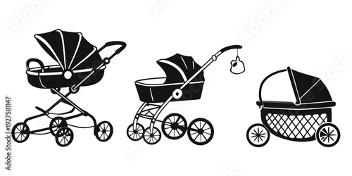 A variety of baby strollers and carriages in black and white illustration Vector