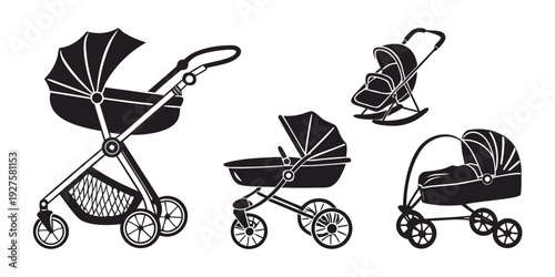 A variety of baby strollers and carriages in a simple line drawing Vector
