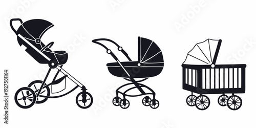 Three distinct strollers showcasing various designs and features for modern parents Vector