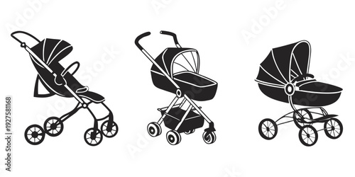Three different types of baby strollers in a row, each with unique features and designs. Vector