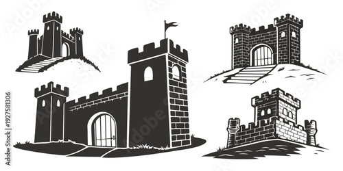 A collection of medieval castles and fortresses showcasing various architectural styles Vector