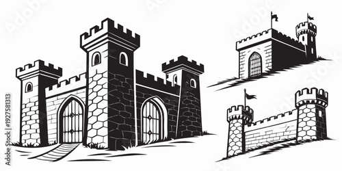 A detailed illustration of a medieval castle with towers and a drawbridge Vector