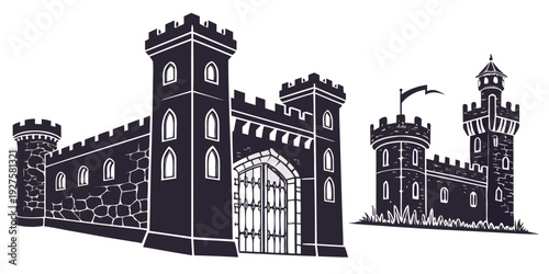 A detailed illustration of a medieval castle with towers and a bridge. Vector