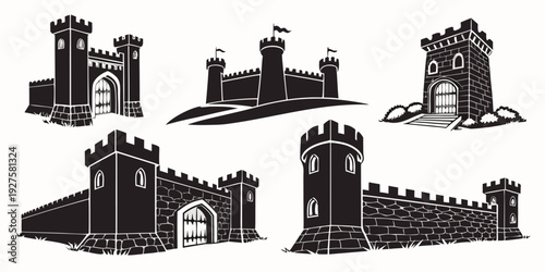 A collection of medieval castles and fortifications from various historical periods Vector