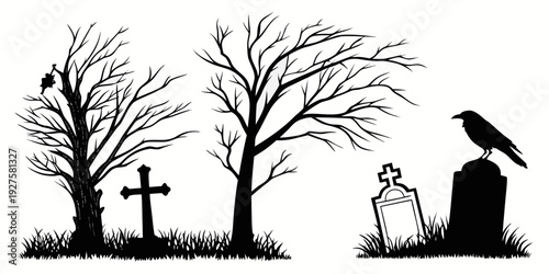 A haunting scene of a cemetery with bare trees and a ghostly figure. Vector