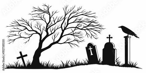 A haunting scene of a graveyard with a lone crow perched on a tombstone Vector