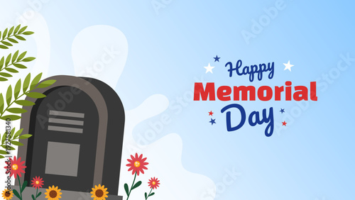 memorial day illustration with large tombstone and flowers on blue background