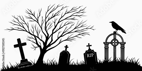 Silhouette of a crow perched on a bare tree in a graveyard at night Vector