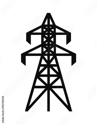 Electric Transmission Tower Icon Vector – Minimalist Black & White Pylon, Flat Geometric Lattice Design
