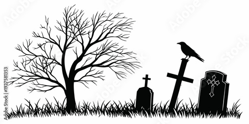 A serene graveyard scene with a tree and a cross under a starry night sky Vector
