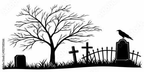Silhouettes of trees and gravestones in a moonlit cemetery at night Vector