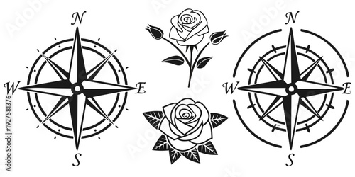 Three compasses with floral designs in the center of each compass. Vector