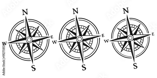 Three compasses pointing in different directions on a white background Vector
