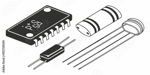 Assorted electronic components including an integrated circuit and resistors Vector