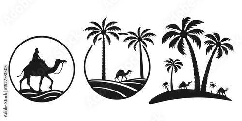 Camels and palm trees in a desert landscape with an island oasis Vector
