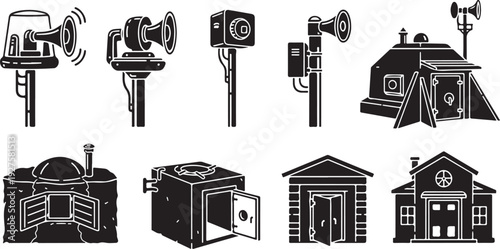 Security camera and alarm system icons in black white