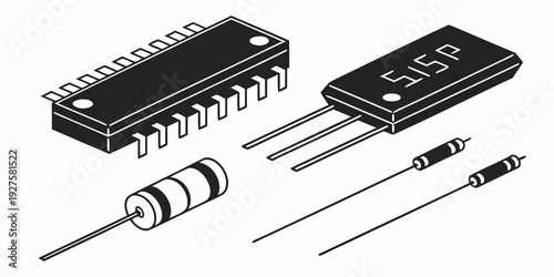 Assorted electronic components including resistors, capacitors, and an integrated circuit Vector