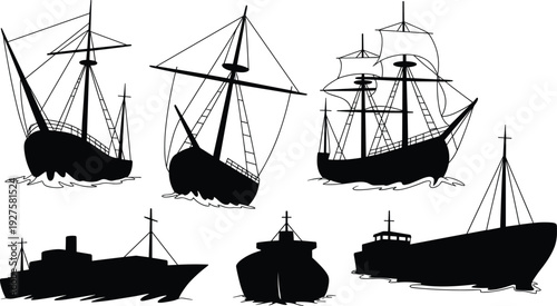 Ship silhouette collection with vintage sailing boats and cargo vessels, maritime transport set isolated on white background illustration