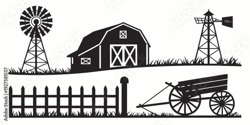 A serene countryside scene featuring a barn, windmill, and various farm equipment. Vector