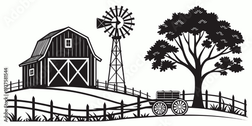 A serene countryside scene featuring a barn, windmill, and tree. Vector