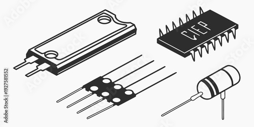 Assorted electronic components including resistors, capacitors, and inductors. Vector