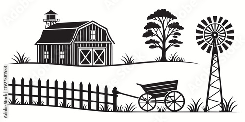 A serene countryside scene with a farmhouse, trees, and a horse-drawn carriage Vector