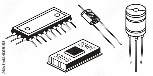A collection of electronic components including a transistor, resistor, and integrated circuit Vector