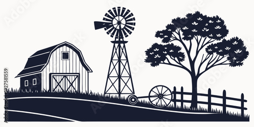 A serene farm scene with a windmill, trees, and a fence in the background Vector