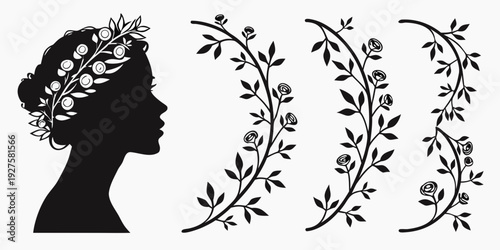 Elegant silhouette of a woman adorned with intricate floral designs Vector