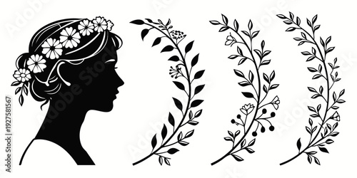 Elegant black and white illustration of a woman's profile adorned with laurel wreaths Vector