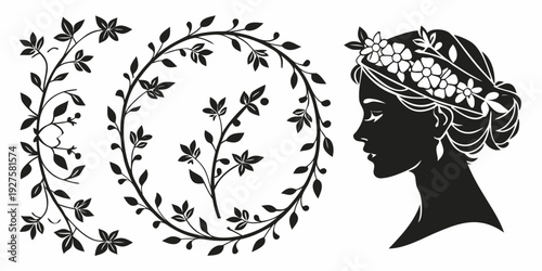 A stylized illustration of a woman with a wreath of leaves and flowers surrounding her head Vector
