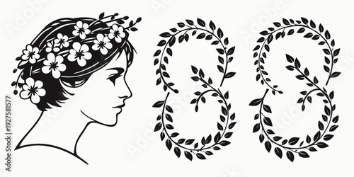 A woman with a floral crown and two additional floral crowns Vector