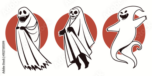 Three stylized white ghosts with red eyes and red circular backgrounds Vector