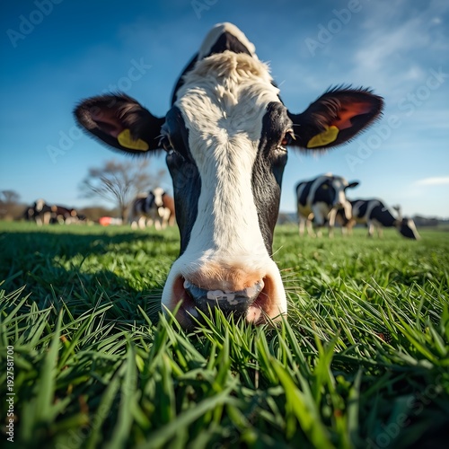 A close-up view of a cow's face in a lush green meadow with a herd grazing in the distance under a clear blue sky.
