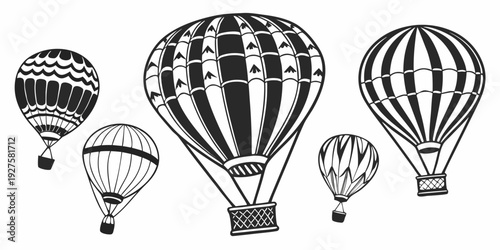 A group of hot air balloons floating in the sky with varying patterns and colors. Vector