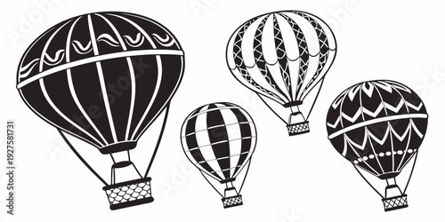 Four hot air balloons floating in the sky above a landscape Vector